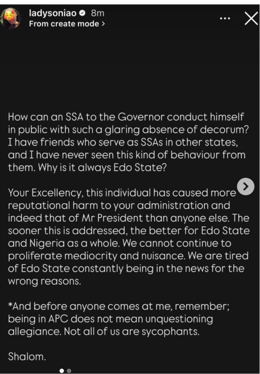Your SSA has caused more harm to your administration and that of the President than anyone else - Businesswoman Sonia Adesuwa calls out Governor Okpebhoolo and his aide